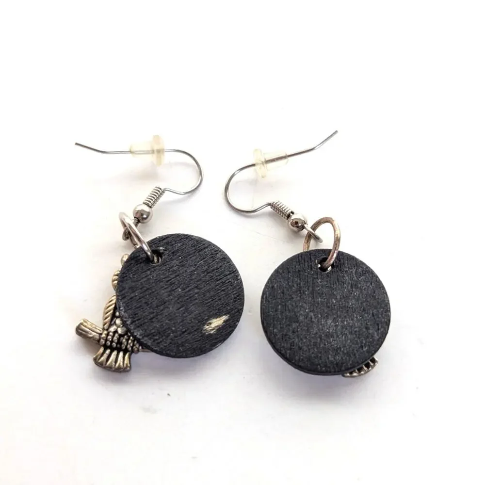 Y2K Bohemian Style Wooden Disc Wise Owl Charm Beaded Dangle Hook Earrings